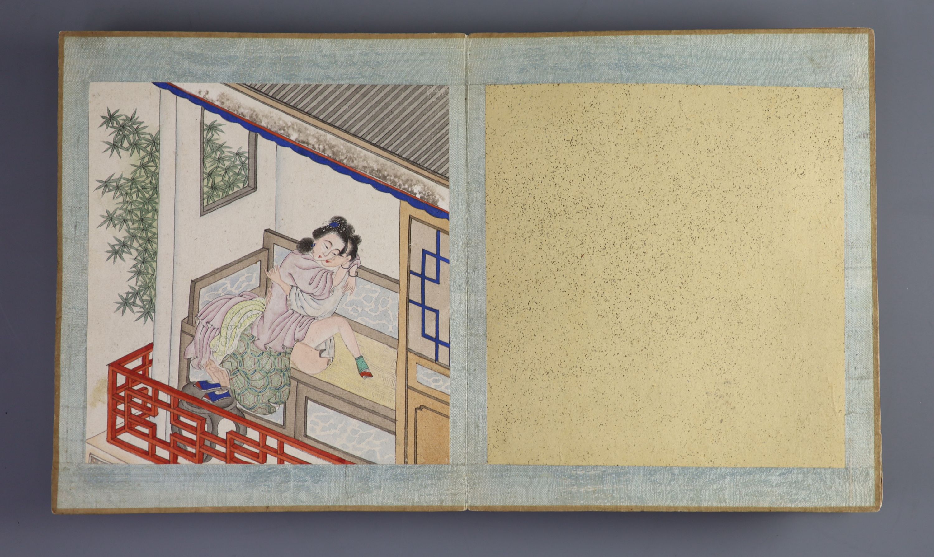 A Chinese album of twelve erotic paintings, late 19th century Total dimensions 19.3 cm x 16.4 cm